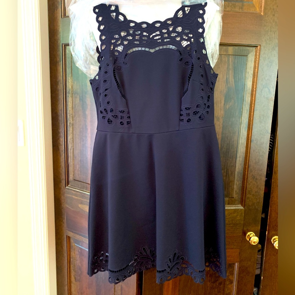 Women’s Ted Baker navy fit and flare sleeveless dress with brocade lace